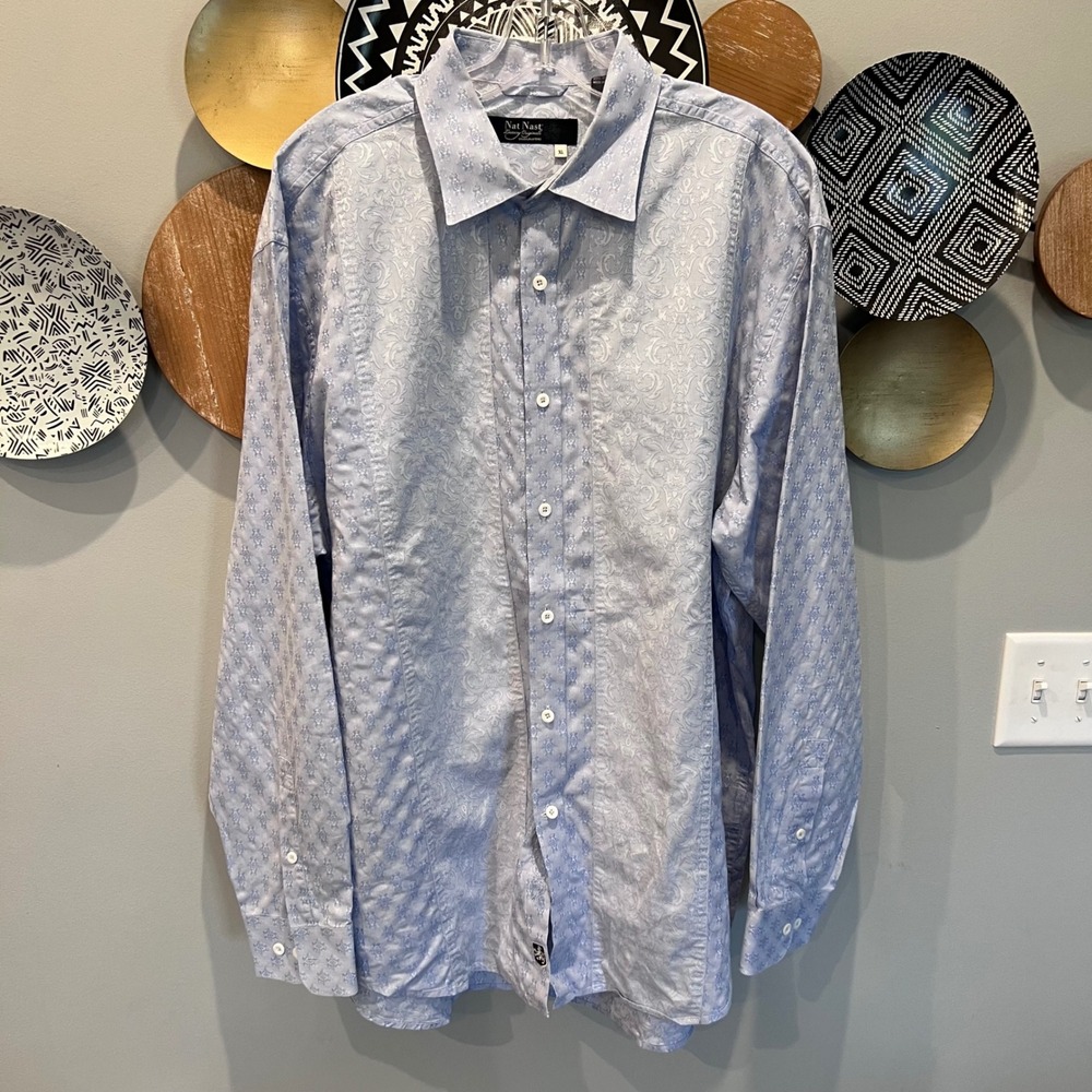 Nat Nast Mens XL Blue Damask Jacquard Cotton Long Sleeve Button Down Shirt
